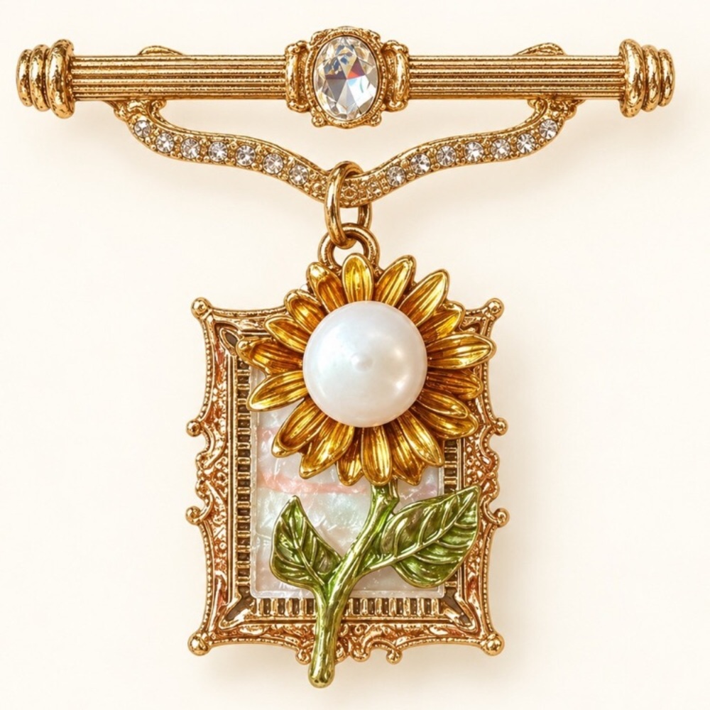 Art Deco Sunflower Pearl Frame Brooch 24k Gold Plated new
